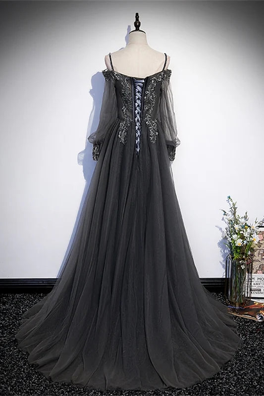Robe longue de soirée en tulle gris, coupe trapèze, avec appliques, manches longues, maxi, robe de bal
